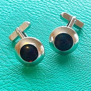 SWANK Cufflinks Silver Tone Garnet Red Cabochon Bullet Signed Classic Vintage